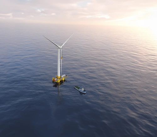 ATOMS Platform with Liftra Self-Hoisting Crane conducting vertical blade exchange offshore